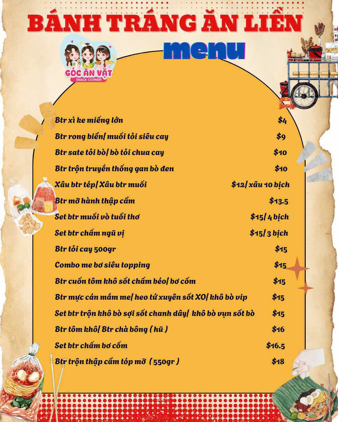 Bánh Tráng Ăn Liền Menu